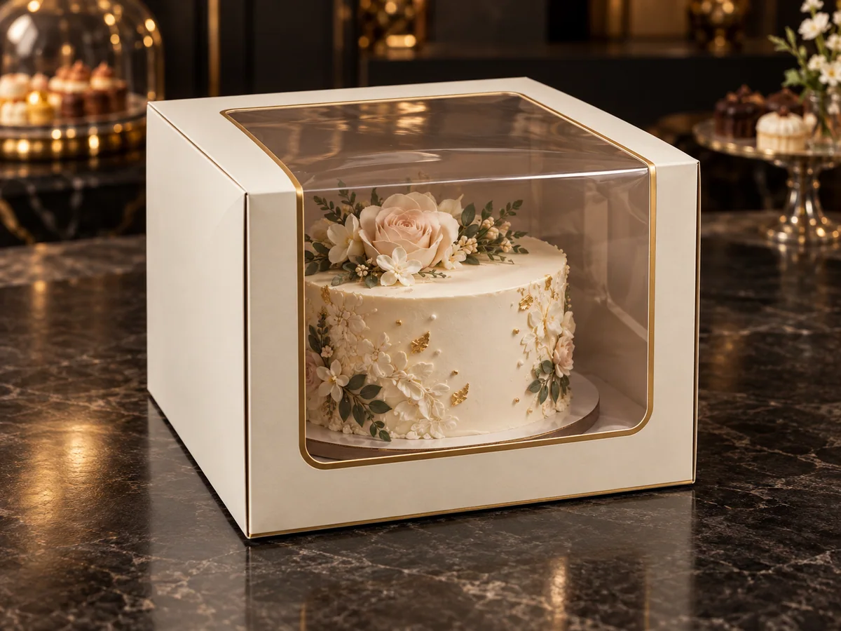 Ivory cake box with clear top and front window and gold foil trim
