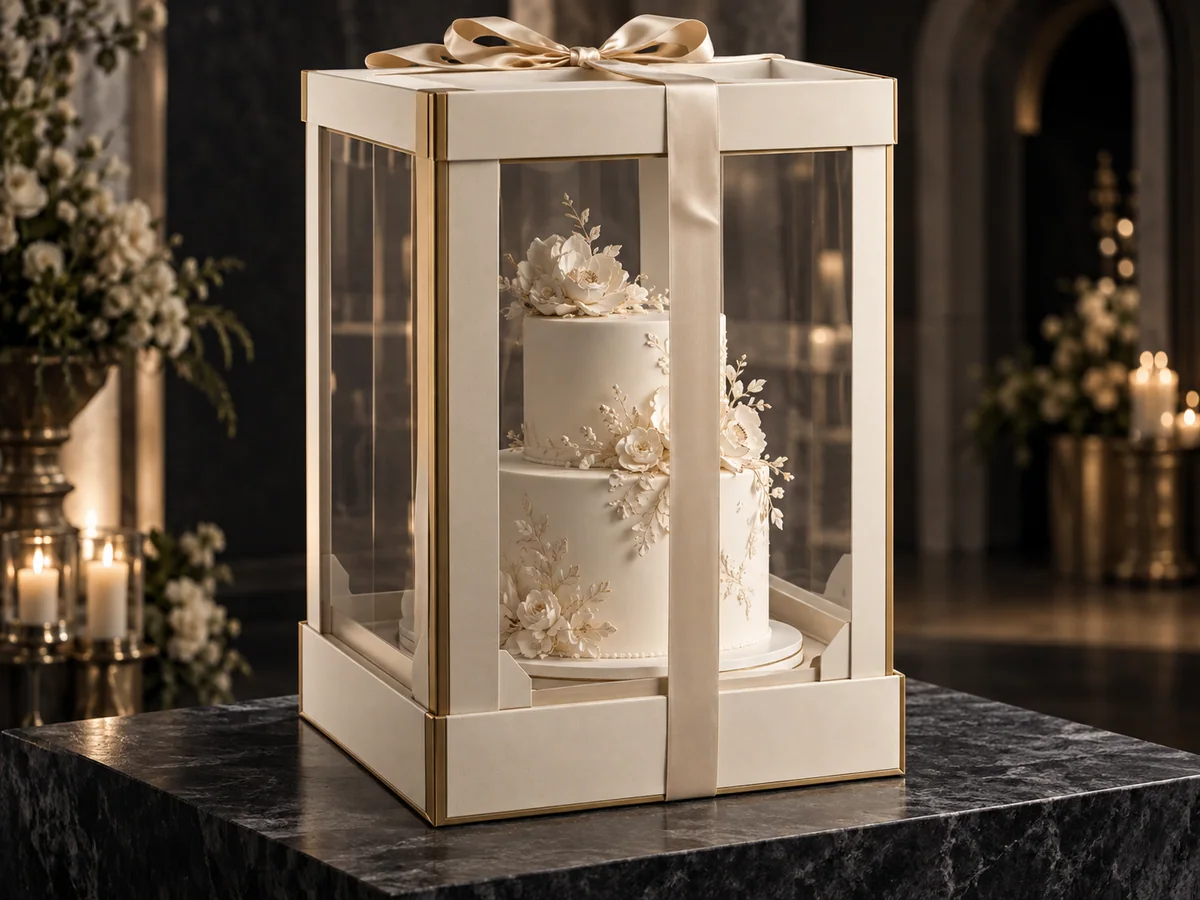 Reinforced transparent wedding cake transport box for a tiered cake