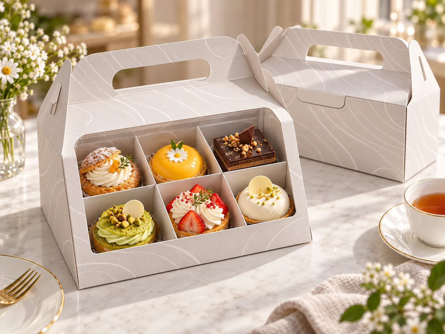 Ivory carry handle pastry box with clear window and six compartments