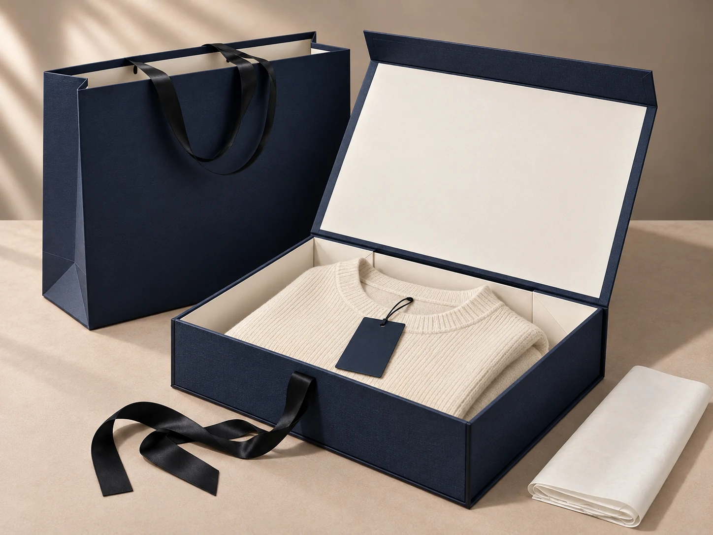 Navy magnetic apparel box with matching boutique shopping bag