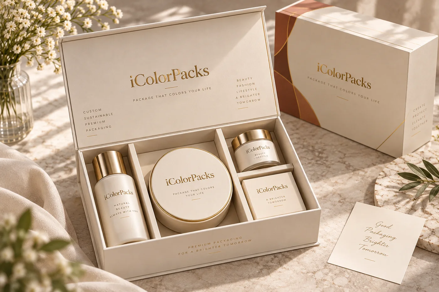 Custom cosmetics gift set box with fitted compartments for jars and bottles