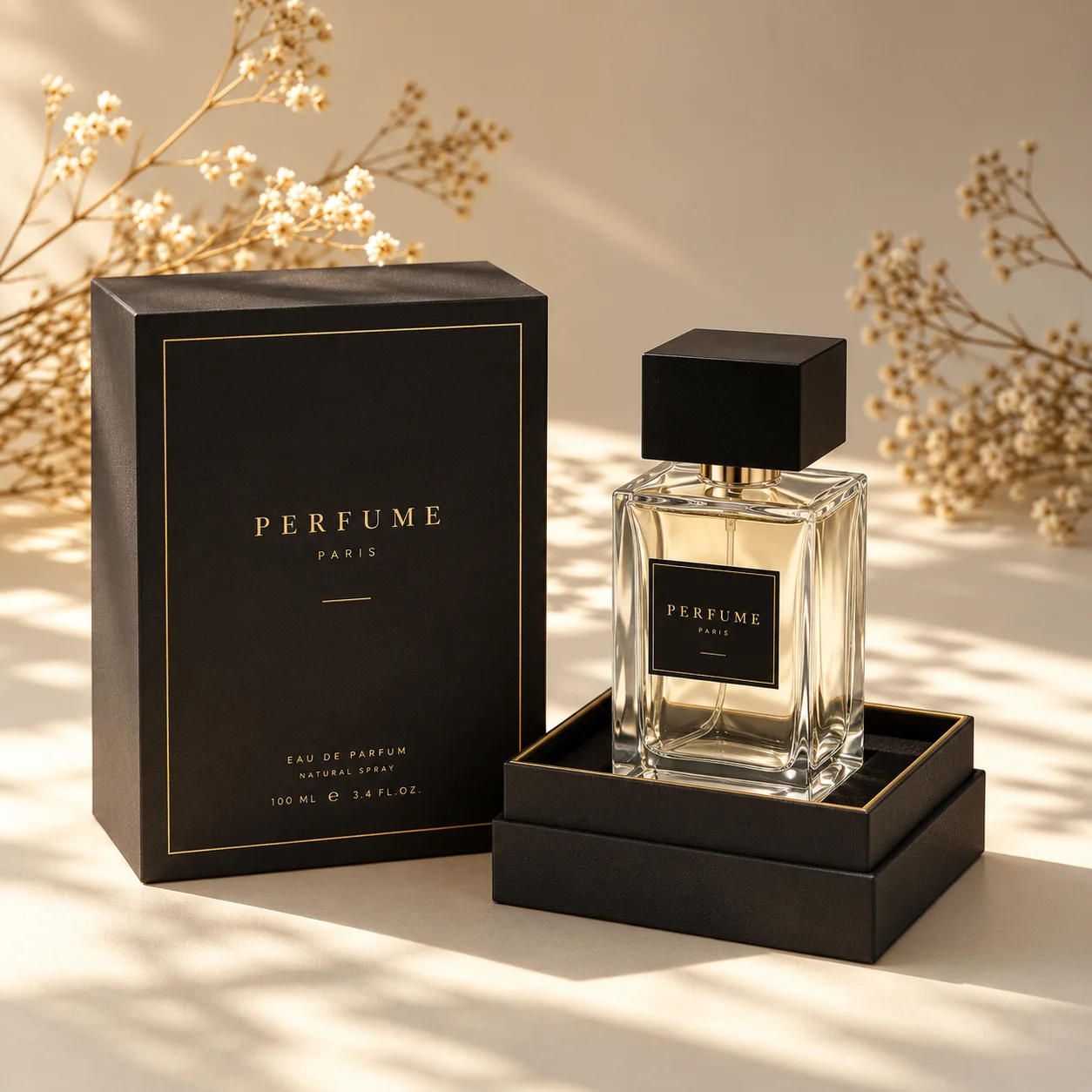 Black custom perfume packaging box with gold line decoration