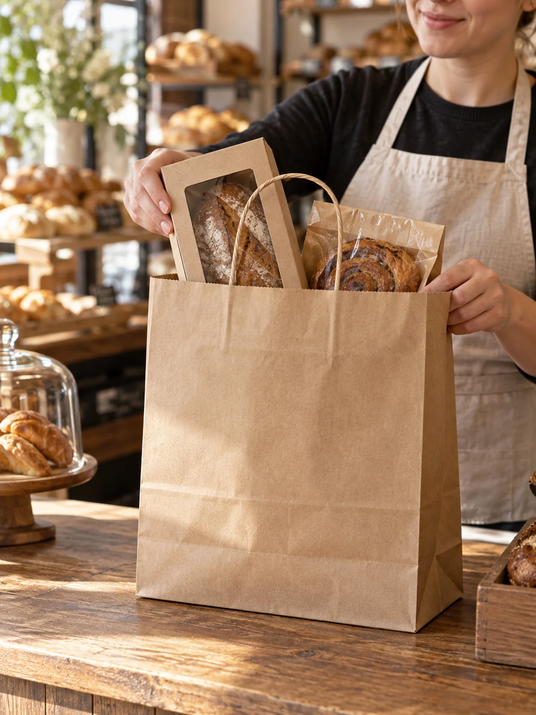Natural kraft paper bag used at an artisan bakery counter