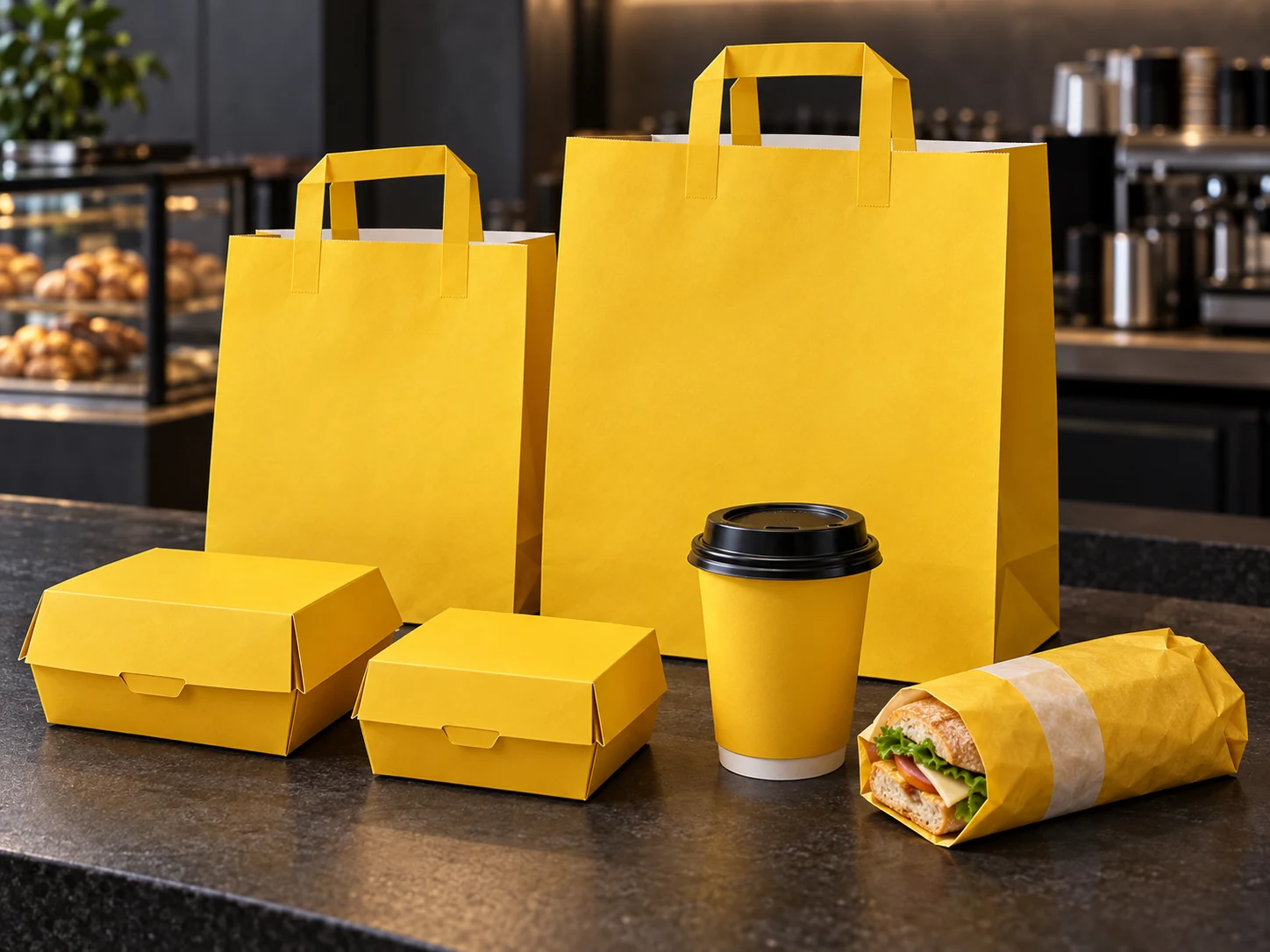 Yellow flat-handle cafe takeaway bags with coffee and food packaging