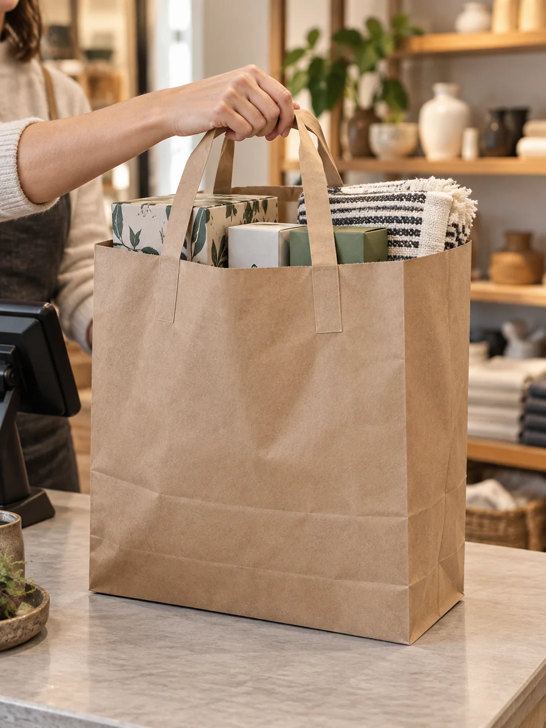 Heavy-duty kraft shopping bag carrying boxed home goods