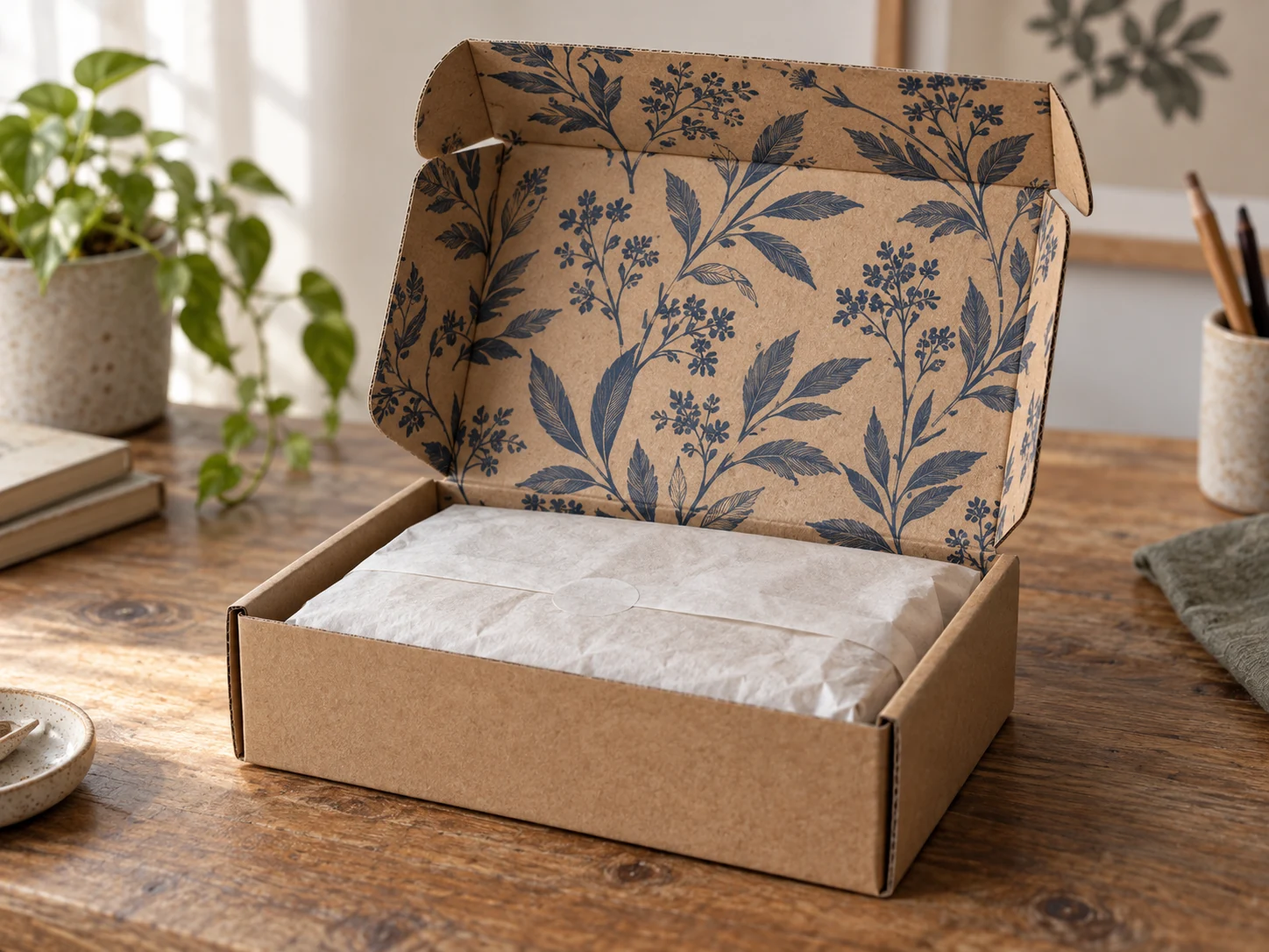 Natural kraft mailer box with detailed botanical interior print