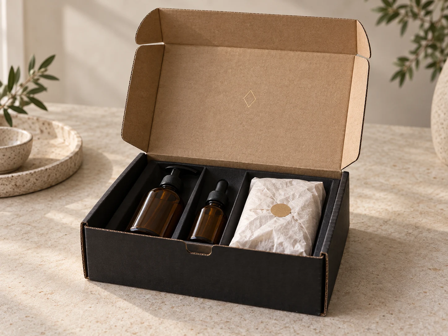 Matte black luxury subscription mailer box with gold details