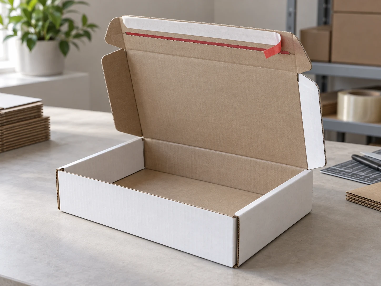 White corrugated e-commerce mailer with red tear strip