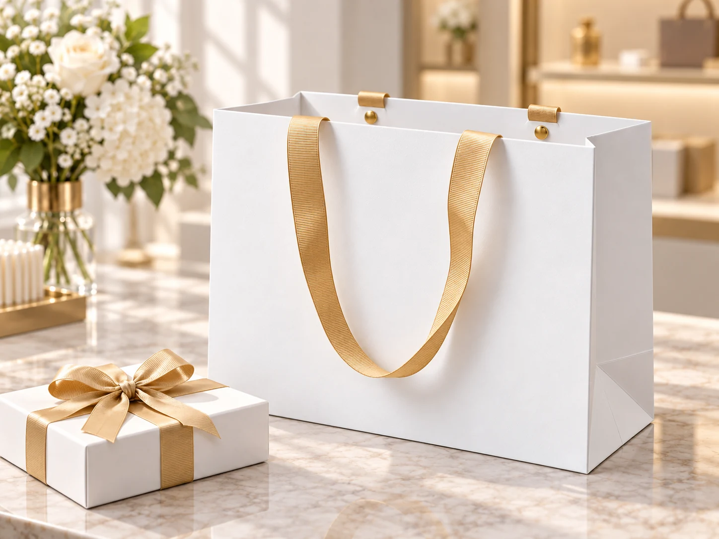 White luxury paper bag with champagne gold grosgrain ribbon handles