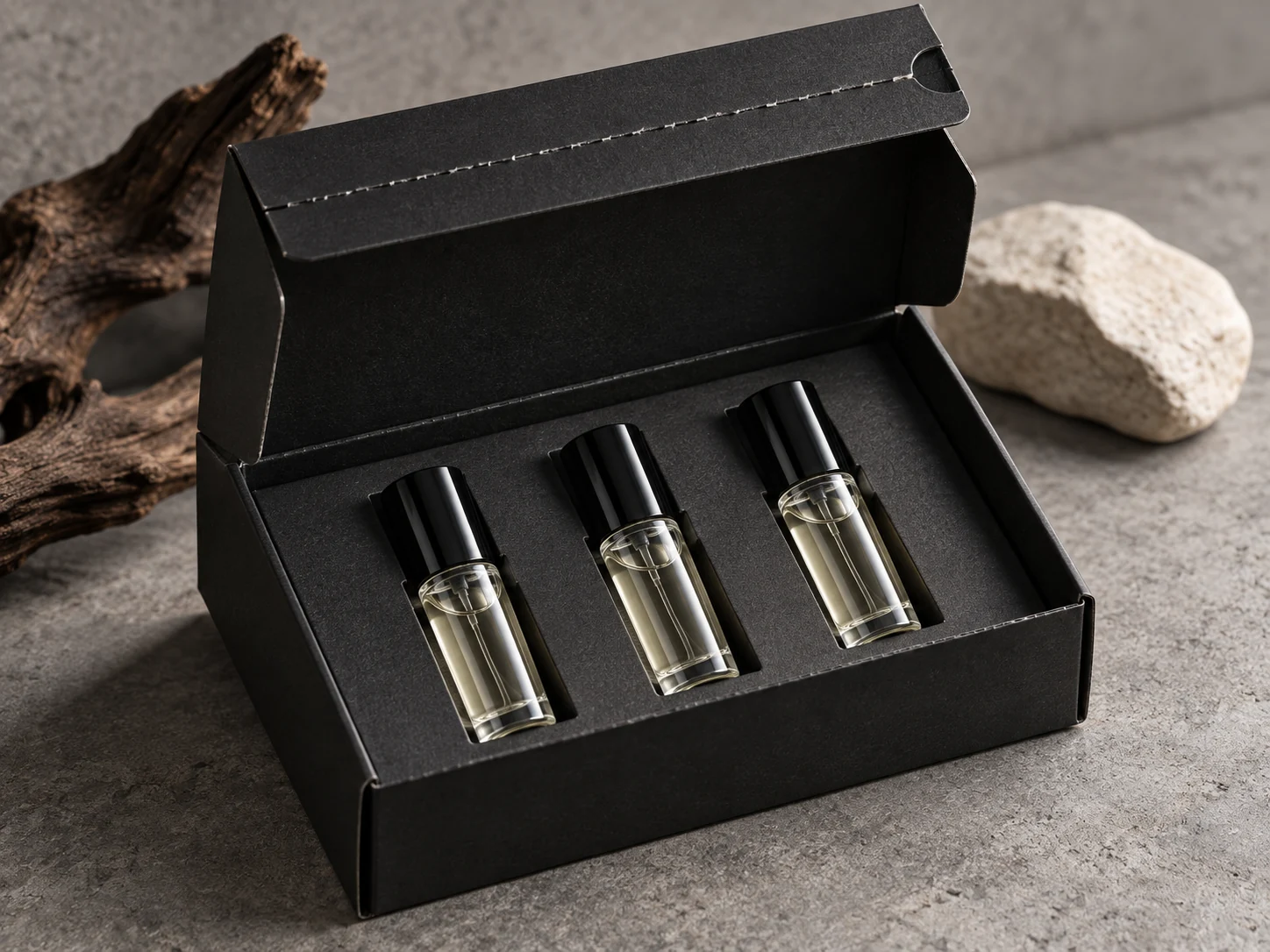 Black perfume discovery set with fitted sample vials and tear strip